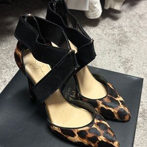 Jessica Simpson Leopard Print Pointed Heels with Black Ankle Straps